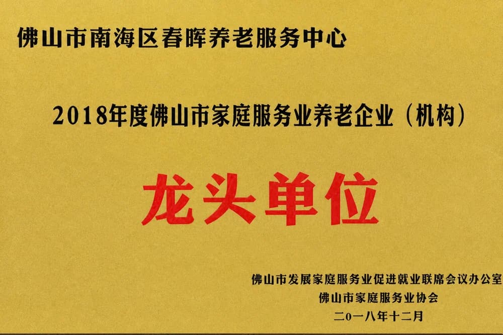 佛山市家庭服务业养老企业机构龙头单位牌匾